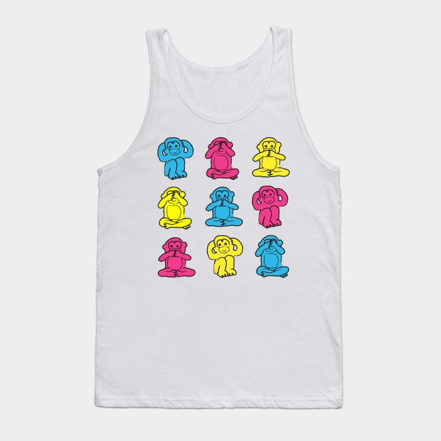 Illustration of Three Wise Monkeys in pink, blue and yellow on white background Tank Top by marufemia